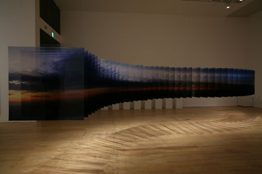 Nobuhiro Nakanishi, 'Layer Drawing/Sunrise' (2007)
100 x 100 cm (x 50), laser printer on transparency films, acrylic and fishing lines