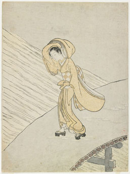 Suzuki Harunobu, 'Crossing a Bridge in Snow as a Mitate of Fujiwara no Teika's'