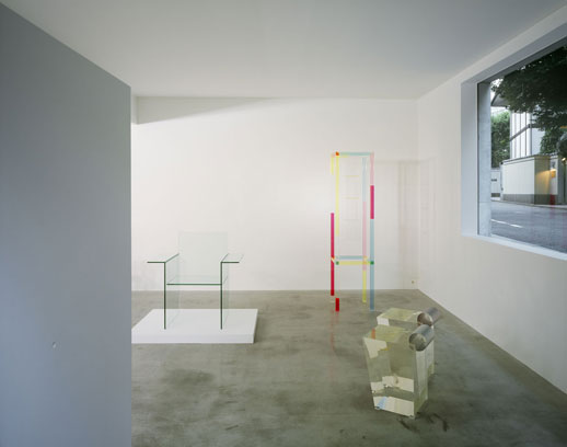 Left: 'Glass Chair' (1976); Middle: 'Cabinet de Curiosité' (1989); Right: 'Acrylic Stool' (1990)