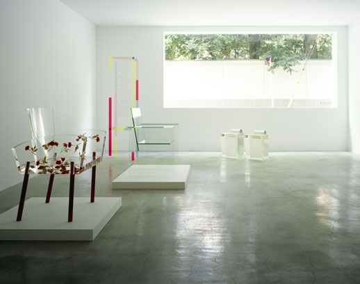 From Left to Right: 'Miss Blanche' (1988); 'Cabinet de Curiosité' (1989); 'Glass Chair' (1976); 'Acrylic Stool' (1990)