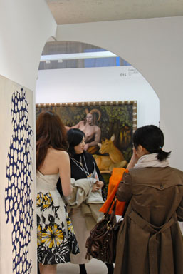 Looking through Megumi Ogita Gallery's booth (Tokyo) into Gallery Naruyama's booth (Tokyo), where paintings by Toru Kamei, Fuyuko Matsui and Yoshimasa Tsuchiya are on display.