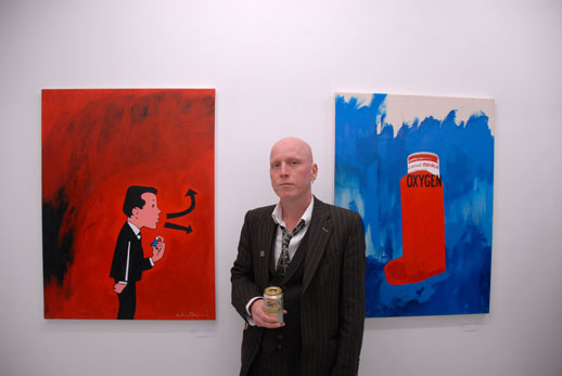 Stanley Donwood with the works 'Silent Chest' (2008) and 'Oxygen should be regarded as a drug' (2008)