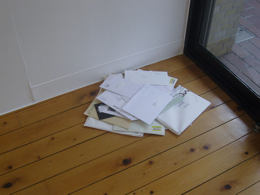 Nina Beier and Marie Lund, 'All the Best' (2008) All mail sent to the gallery for the duration of the exhibition left unopened by the door [as seen at the beginning of the exhibition]