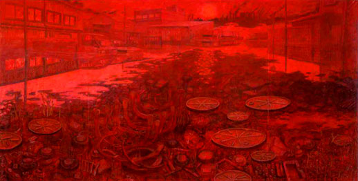 Oscar Oiwa, 'Greenhouse Effect' (2001) Oil on Canvas  227 x 444cm