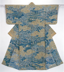 Katabira with design of a garden and storied pavillions in resist dyeing on white bast-fiber cloth.
Mid Edo Period.