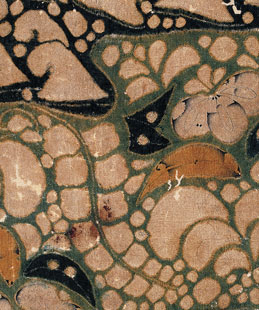 Kosode fragment with design of plants and waves on white plainweave silk. Momoyama Period.