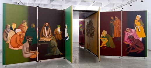 Gulammohammed Sheikh, 'Kaavad: Travelling Shrine: Home' (2008)
Room with folding doors and 'walls' (made of boards mounted on steel structure enclosing an inner chamber) painted in acrylic, oil and partially in gouache with melamyne lamination, brass strips, digital print on paper and vinyl, electric lights and others
244 x 782 x 732cm