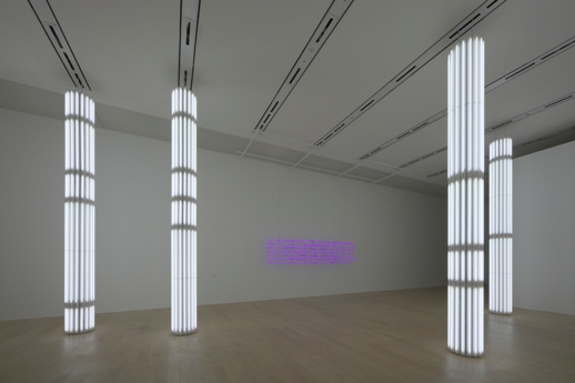 Cerith Wyn Evans, 'Untitled' (2008)
Multiple fluorescent tubes, wood, 402 x 50 cm diameter (each)
Cerith Wyn Evans, 'One evening late in the war...' (2008)
Mauve neon, 118 x 472 cm