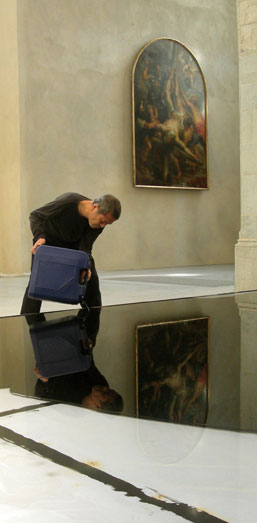 Noriyuki Haraguchi, 'Oil Pool', installing the work exhibited in Europe.