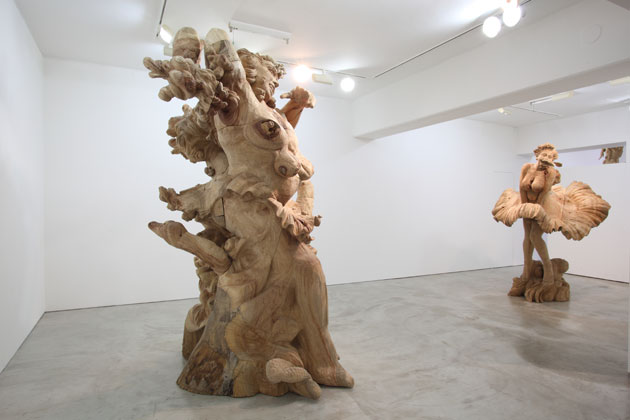 Osamu Mori, ''Love Me Tender — Leda and the Swan' (2010) 270xW160xD172cm (left) and 'Much Ado About Love –- Kappa' (2009) H220xW170xD130cm (right)
Camphor tree