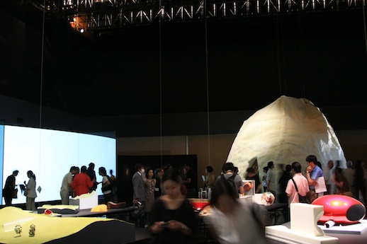 The opening reception
Left: Hiroshi Sugimoto + Yuko Nagayama, ‘No Line On The Horizon’ (2009)
Video 4'47''
Right: Mariko Mori + Kengo Kuma, ‘White Hole’ (2011)
Acrylic, LED, steel, 2392 x 2772 x 653mm
Front: Anish Kapoor’s maquettes