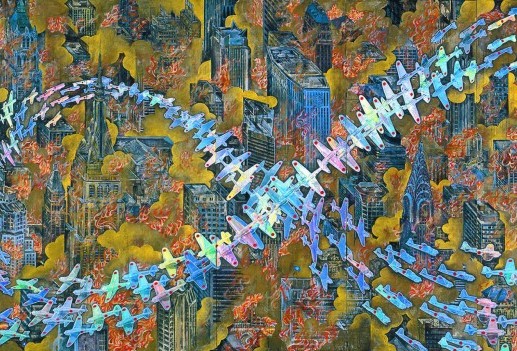 Makoto Aida, 'A Picture of an Air Raid on New York City (War Picture Returns)' (1996), Six-panel folding screens, 174 x 382 cm