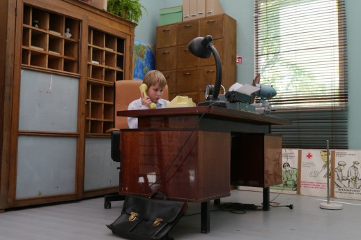 A young visitor uses one of the film sets from 'Around Michel Gondry's World' (2012, Moscow)