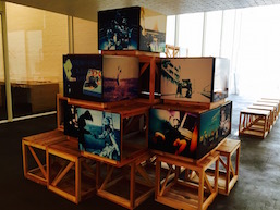 Shuji Terayama display with prop crates (supported by Terayama World)