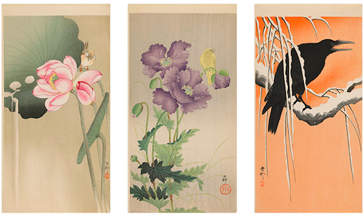 Koson Ohara, (L) ‘Sparrow and Lotus’ (C) ‘Canary and Poppy’ (R) ‘Bird and Snowy Willow’