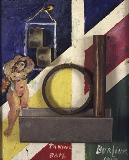 ダヴィード・ブルリューク 《風呂》 1914年 油彩、コラージュ（プラスチック、金属）、合板