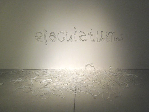 身体から流れ落ちる体液のように、走り書きされた即興の文字。同じくガラス素材で文字をイメージさせるタニヤ・セーテルの作品とは全く性質が異なる作品。