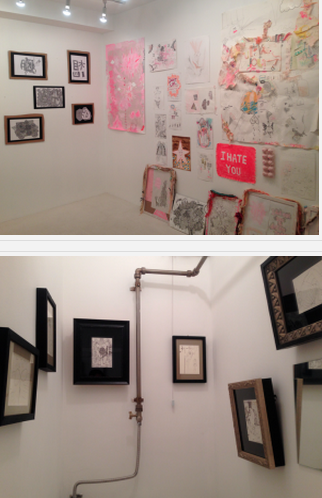 上: 「Gallery JIB」内の様子。下: トイレの壁にも沢山の作品が飾ってあります。
