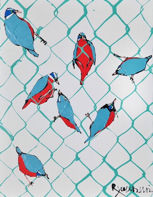 福田画廊 7 Small birds perched on green net fence 2017 今井龍満         