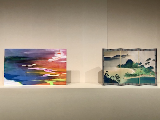 (L) Manika Nagare, 'Deserted Seaside Village in May' (2020) oil on canvas, 112.0x189.8 cm, Artist's Collection, (R) Eikyu Matsuoka 'Satsuki Matsuhamamura' (1928) color on silk, 102.0x189.8, Nerima Art Museum Collection