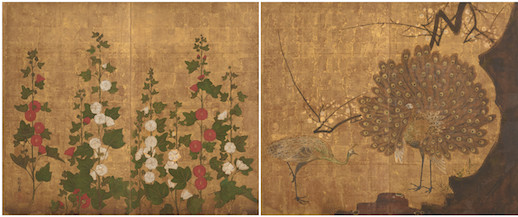 Ogata Korin《Peacocks and Hollyhocks》Edo Period, 18th century, Artizon Museum, Ishibashi Foundation, Important Cultural Property