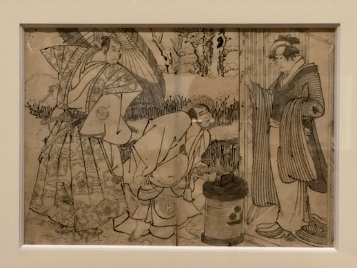 Sharaku Toshusai, 'Iwai Kiyotaro, Nakamura Sukegoro, and Bando Hikosaburo' (1794) (Master Brush Drawing)