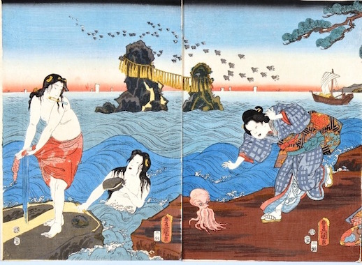 Toyokuni Utagawa, ʻMitsuuji
Isobeasobi no Zuʼ (1857)
