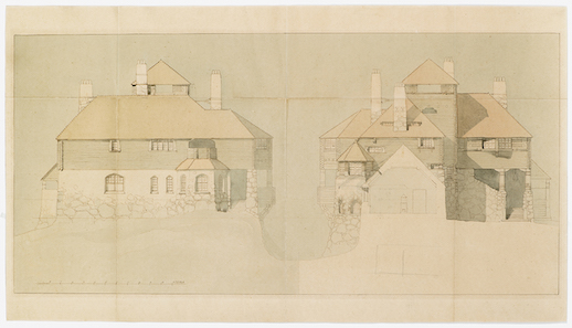 Hvitträsk, north elevation of Lindgren’s home (left), south elevation of Lindgren’s home (right), cross section of the studio © Gesellius-Lindgren-Saarinen Architect Office, digital reproduction (original watercolor and ink on thick paper), The Museum of Finnish Architecture, 1902